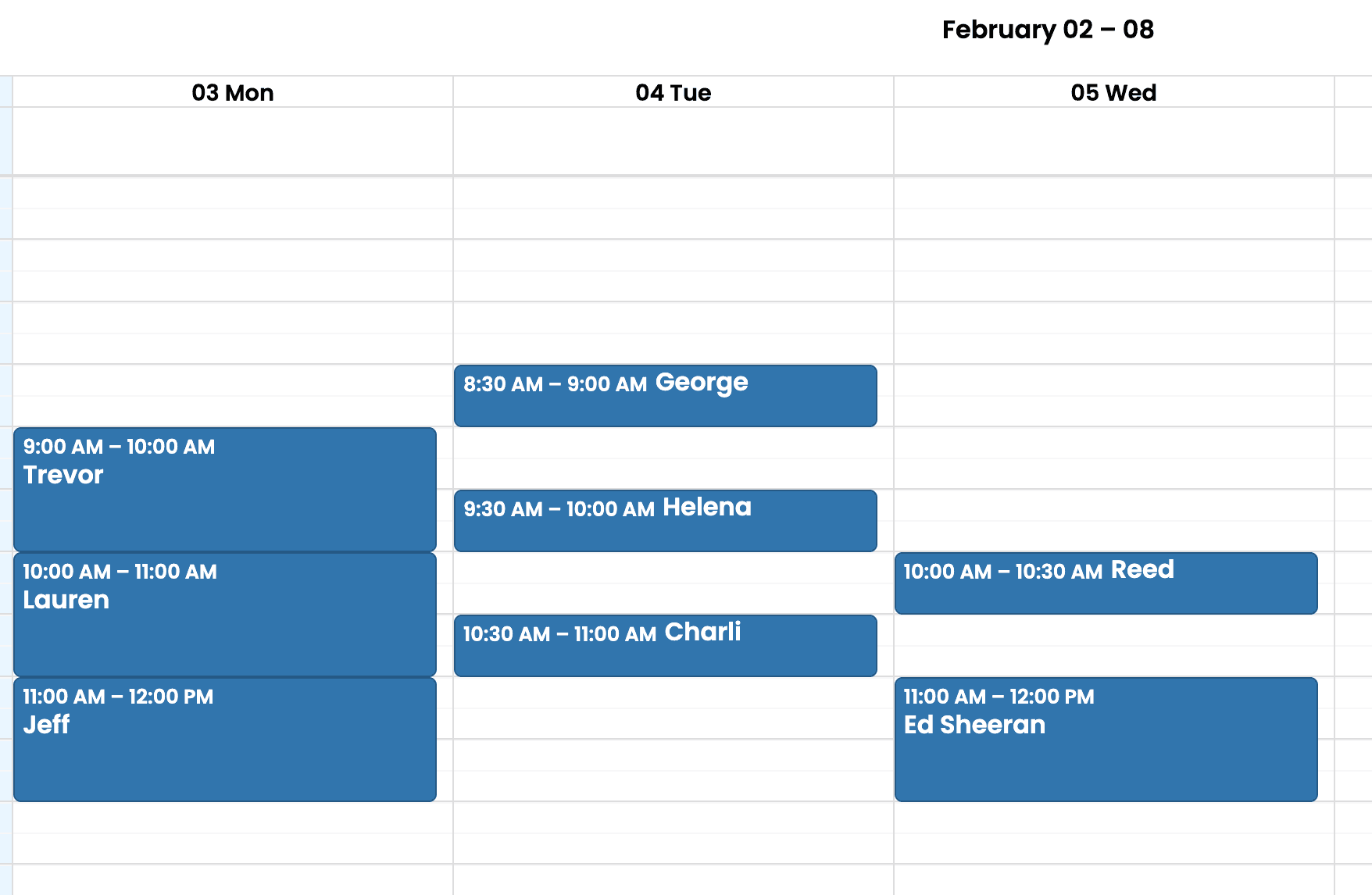 Calendar interface showing weekly view with appointments, time slots, and scheduling options for business management