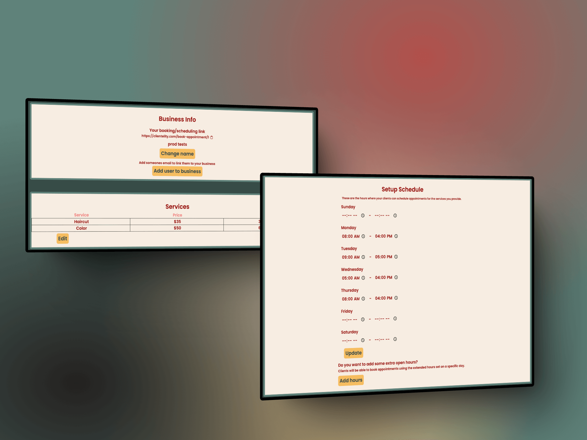 Business Manager dashboard showing client scheduling interface with calendar, appointments, and client management tools